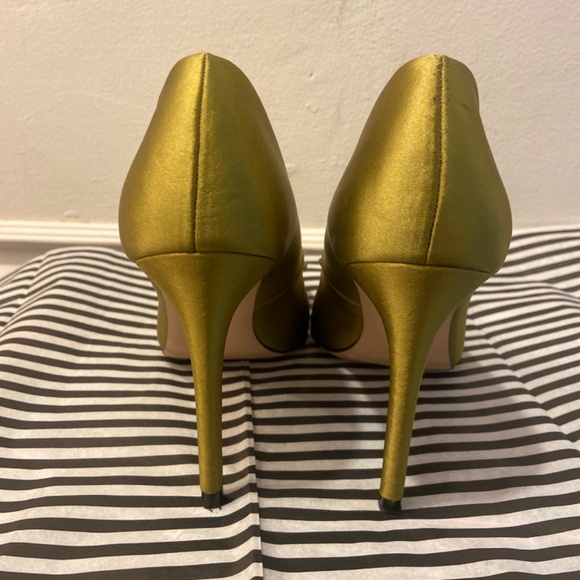 ZARA BASIC CHARTREUSE SATIN BOW HEELS SZ 36 SATEEN FORMAL WEDDING TUXEDO CHURCH - Picture 11 of 16